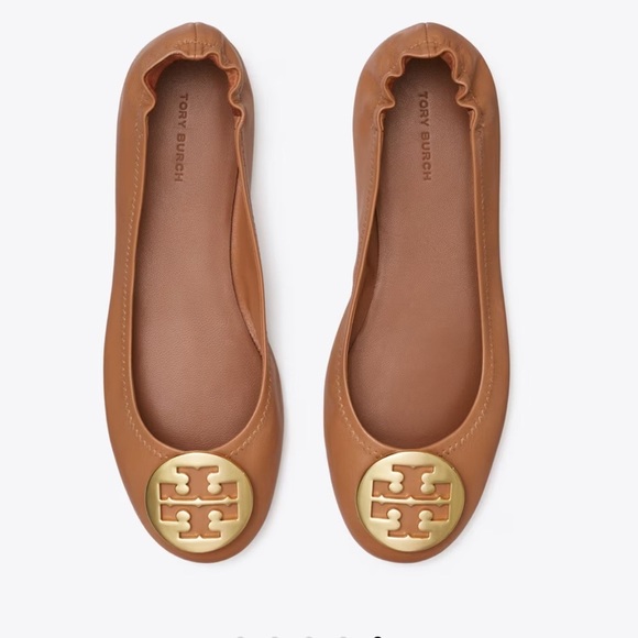 NIB Tory Burch MINNIE TRAVEL LEATHER BALLET Flat Shoe Royal Tan Gold 8 - Picture 3 of 10